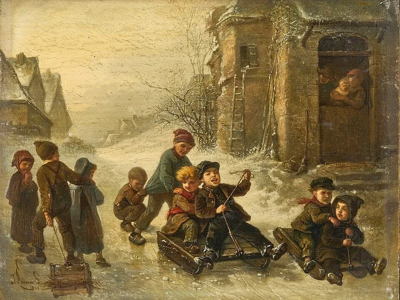 1825-Jules Léonard - Bambini che giocano e vanno in slitta lungo una strada innevata del villaggio